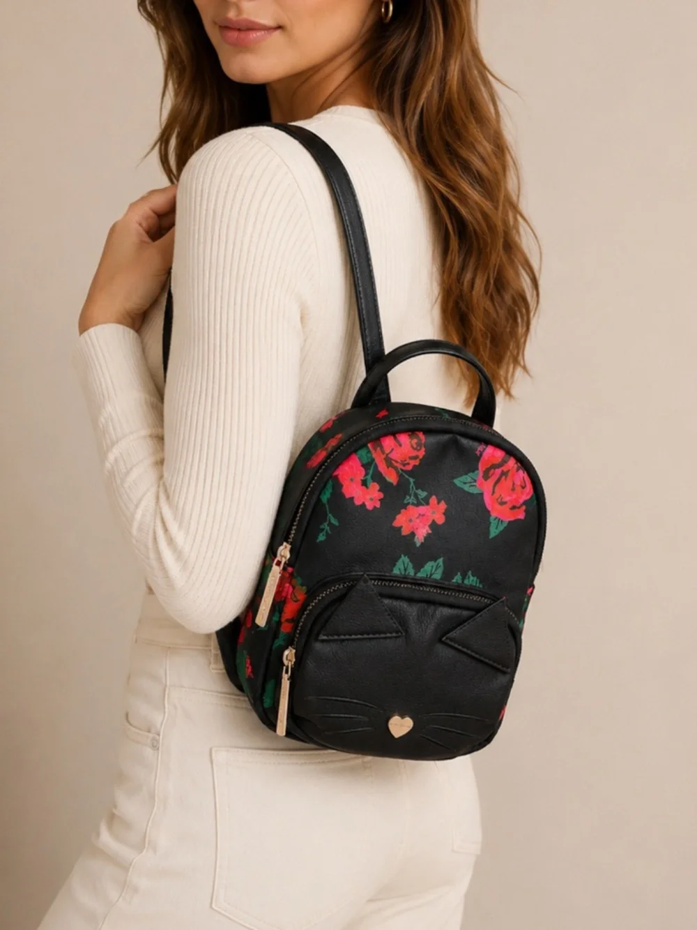 Betsey Johnson Mini Backpack Rose & Black Cat Face NWT